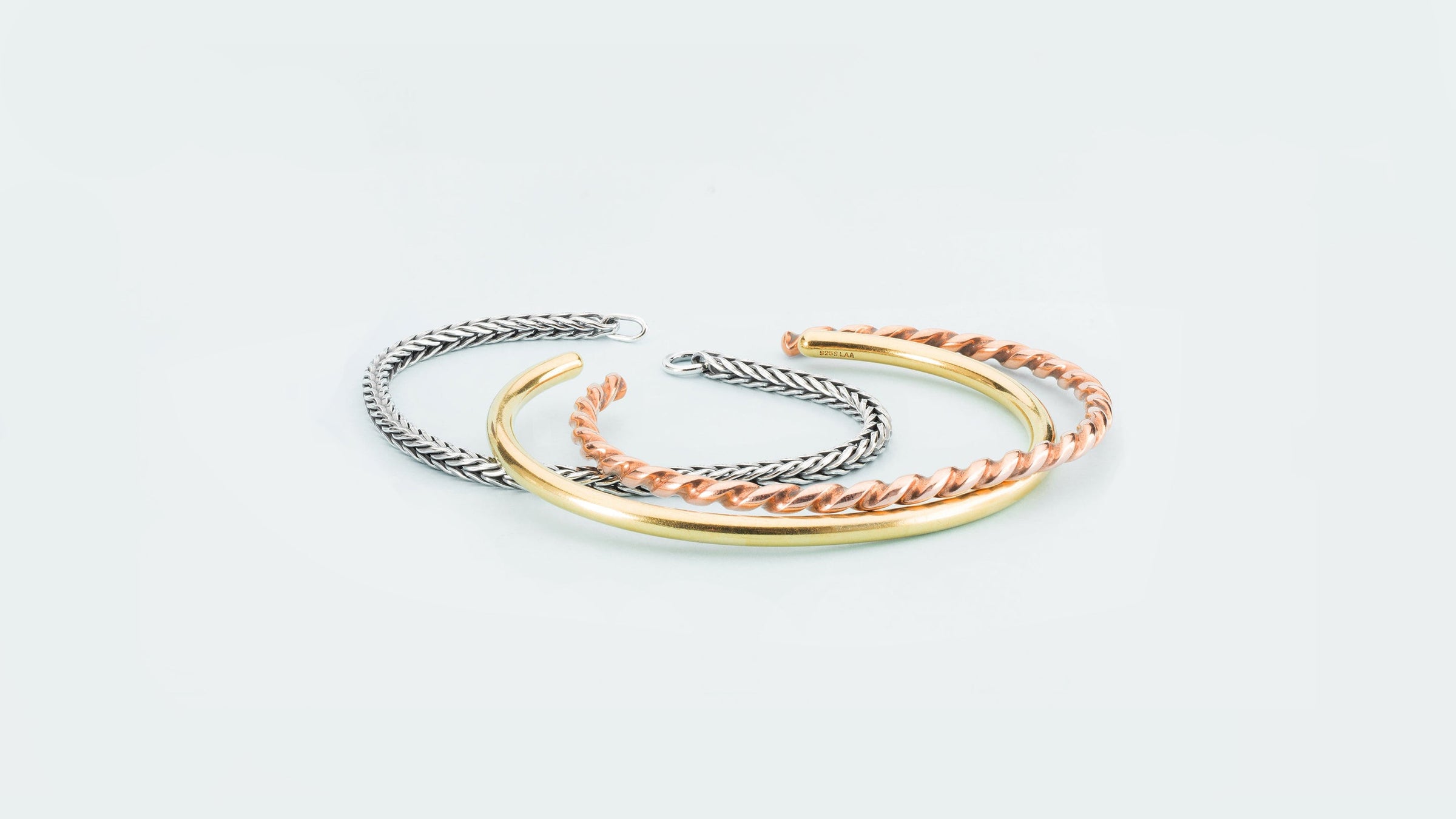 Trollbeads bangles in gold and copper and silver foxtail bracelet